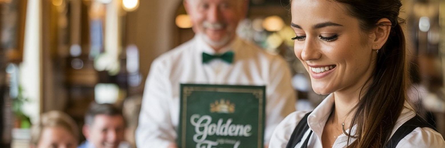 Ein älterer Kellner mit einer grünen Tafel mit Aufschrift